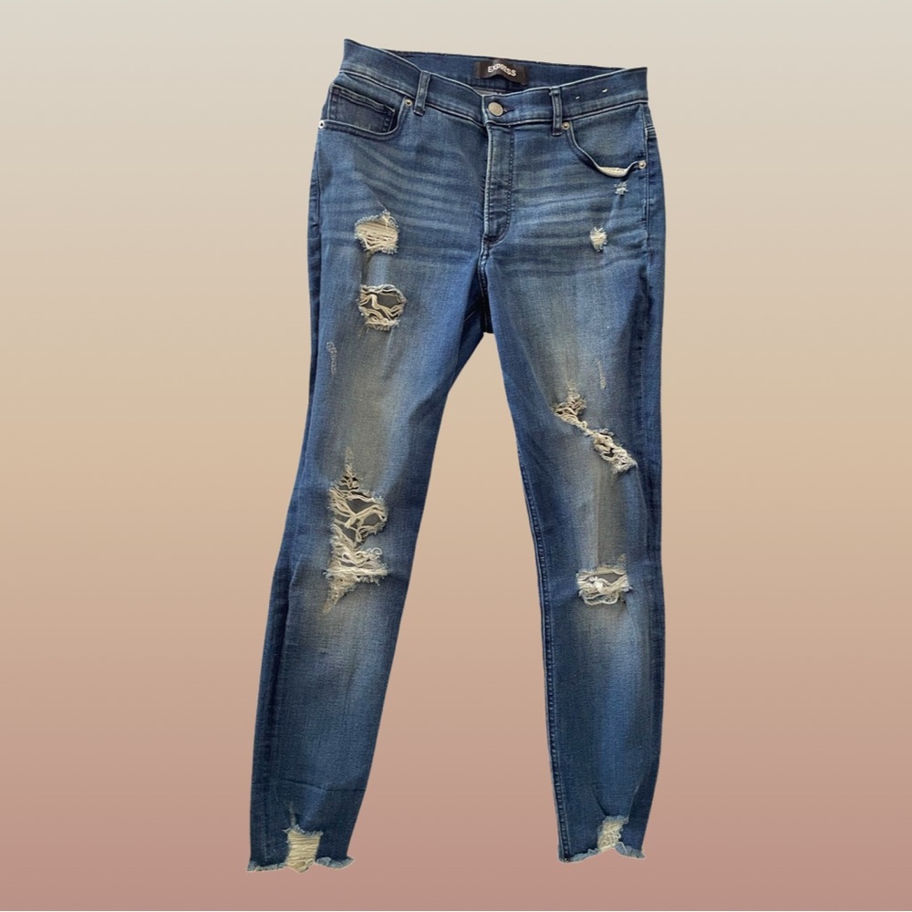 EXPRESS 10R [Stretch+] Ankle High Rise Distressed Blue Jeans - Preloved